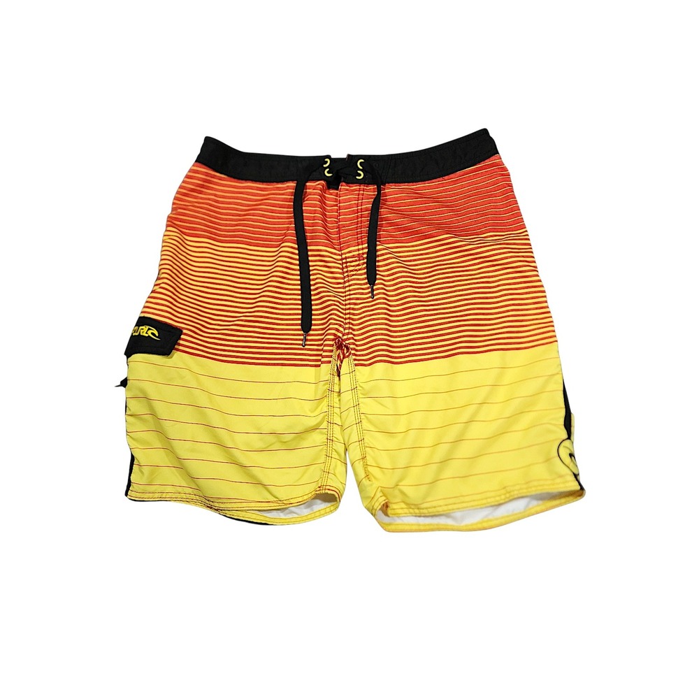 Rip Curl Board Shorts 34x9 Mens 21" Black Yellow Orange Stripe Swim Surfer Beach